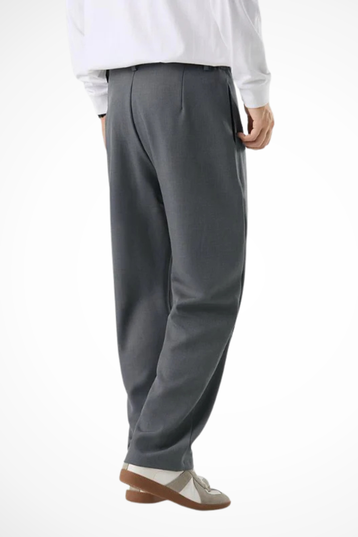 Versatile men's dress trousers: pleated, wide leg, and tailored for a comfortable, classic smart casual style.