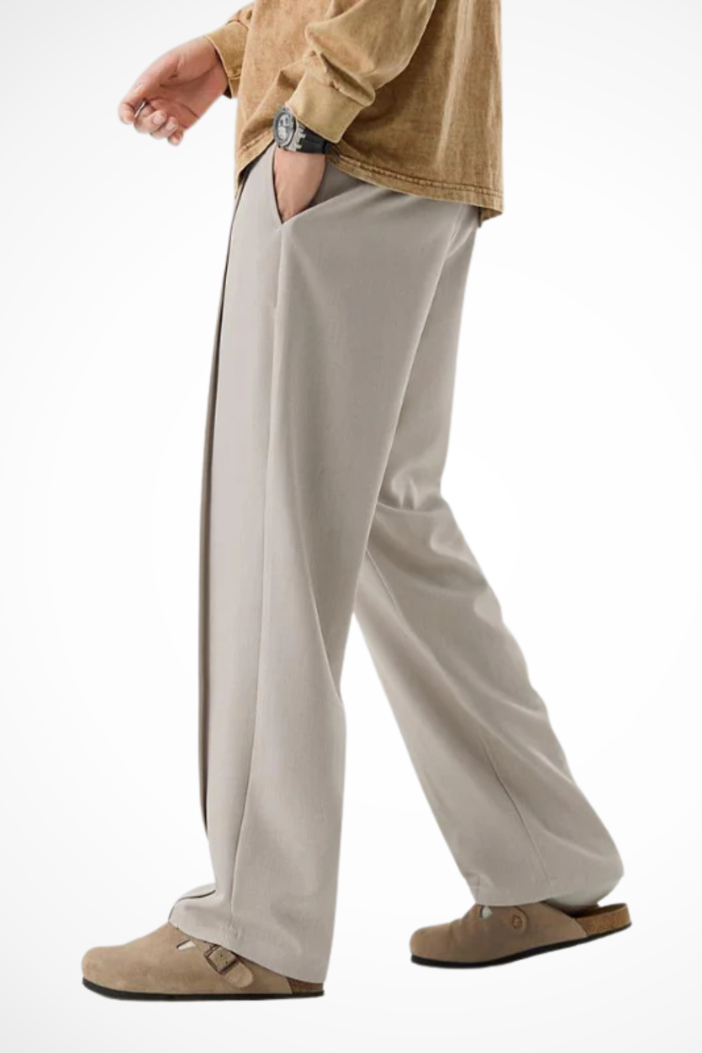 Sophisticated men's wide leg trousers, pleated and tailored for a comfortable, stylish straight fit.