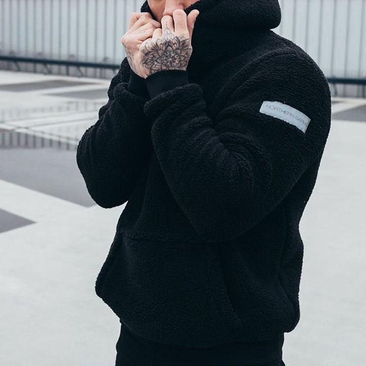 Warm men's plush pullover hoodie. Ideal for cold winter wear, cozy loungewear & relaxed casual style.