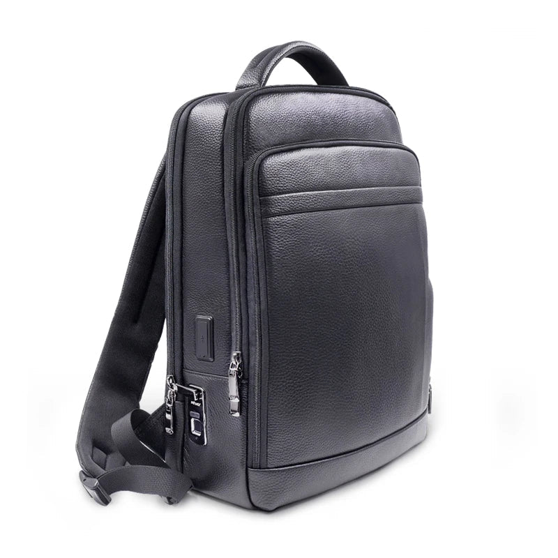 Men's premium leather anti-theft backpack with advanced fingerprint lock for secure daily commuting.