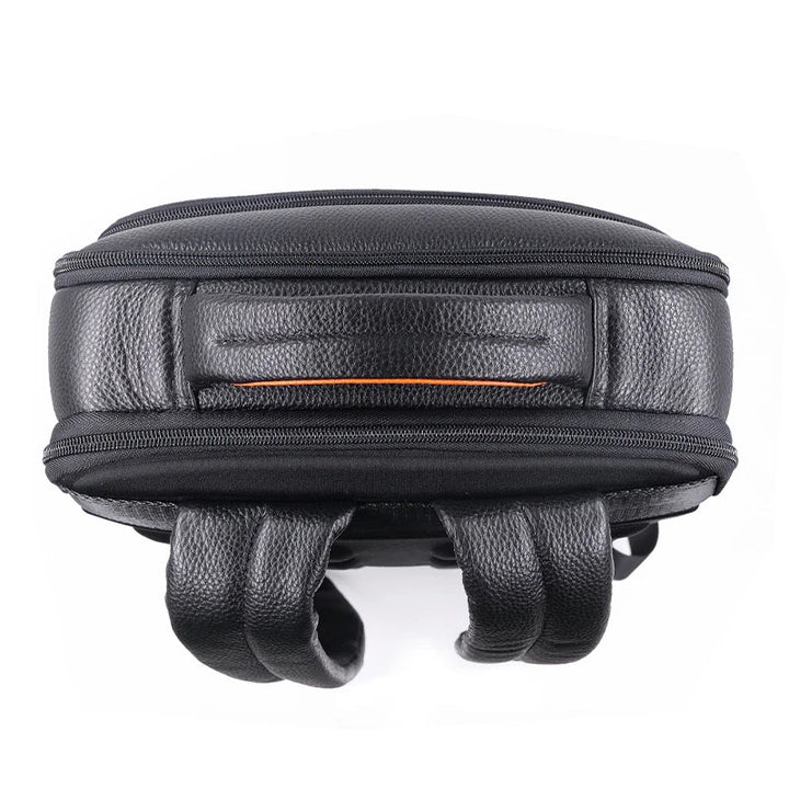 Stylish men's black leather backpack with integrated fingerprint lock, offering secure storage for travel & business.