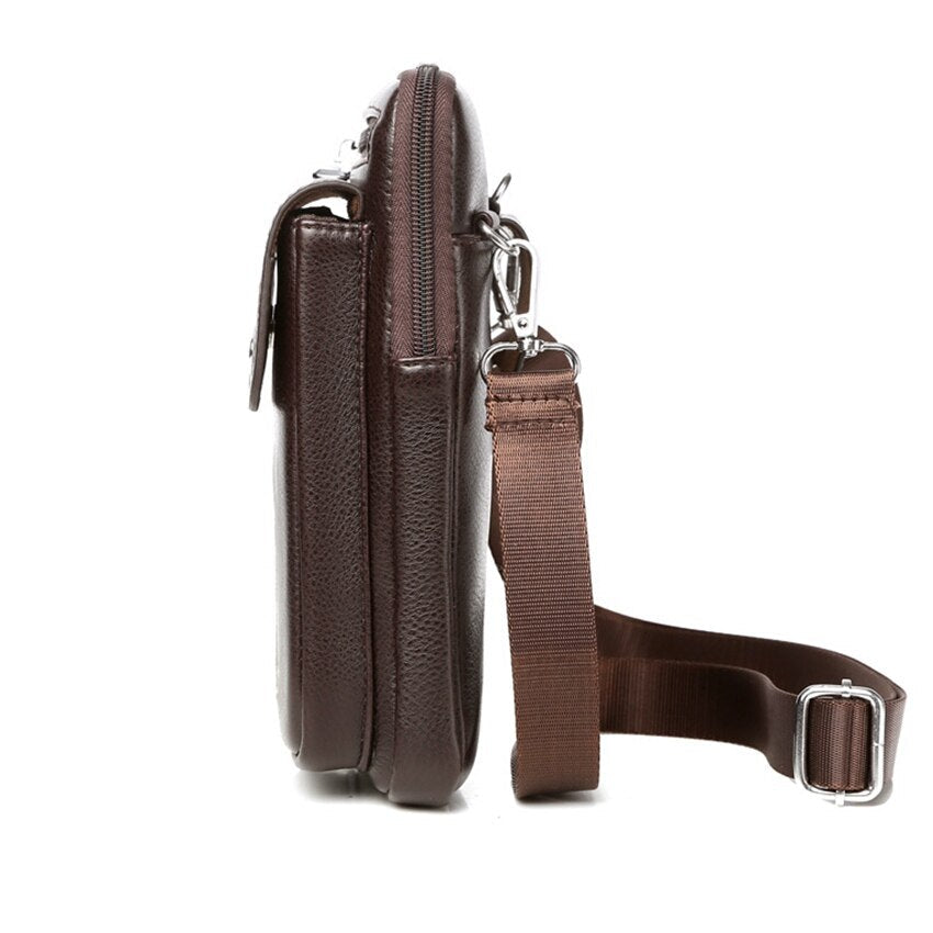 Black men's PU leather crossbody for travel or daily use. Hands-free & durable design.