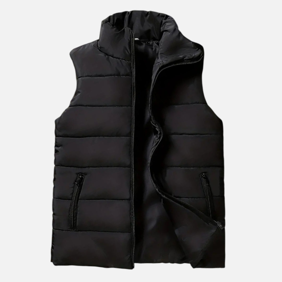 Men's quilted sleeveless winter vest with a zippered front, ideal lightweight warm outerwear.