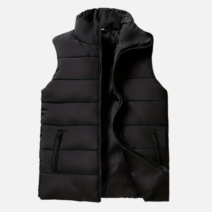 Men's quilted sleeveless winter vest with a zippered front, ideal lightweight warm outerwear.