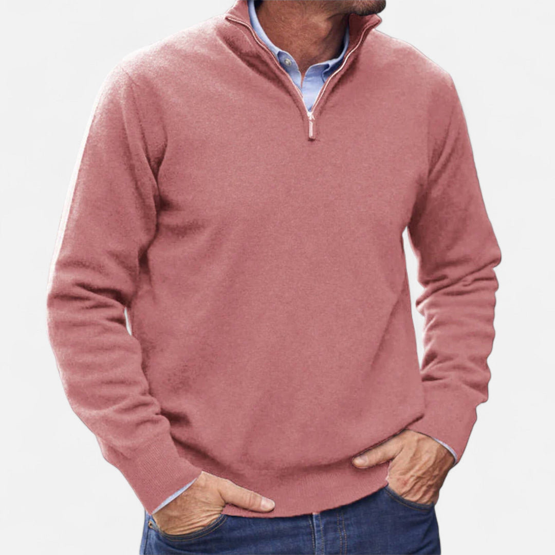Men's refined smart casual zipper sweater in a classic knit, perfect for fall and winter layering.