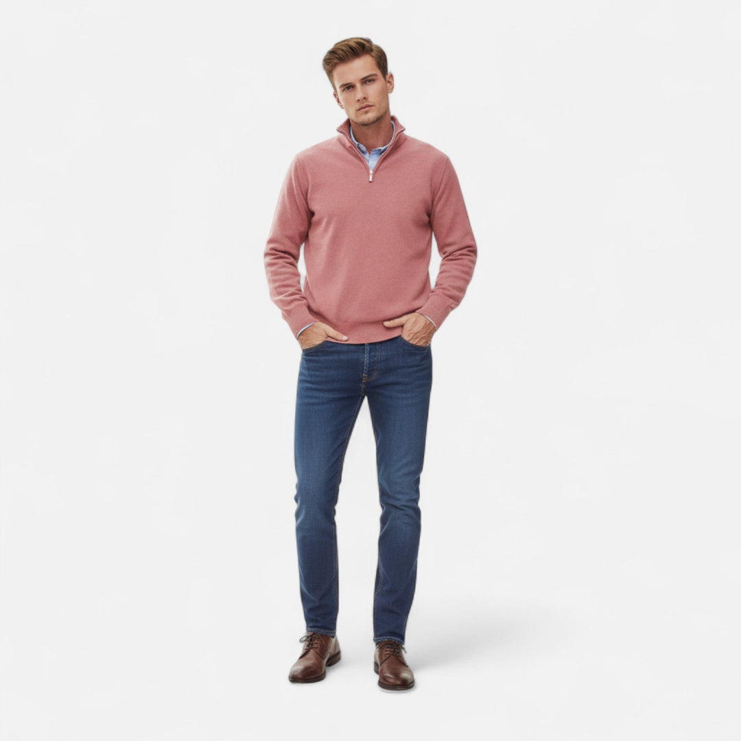 Close-up of the elegant men's zipper sweater, showcasing the refined knit and quality long sleeve design.