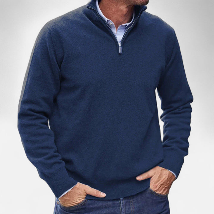 Refined men's long sleeve zipper sweater, an elegant knit for smart casual looks and winter wear.
