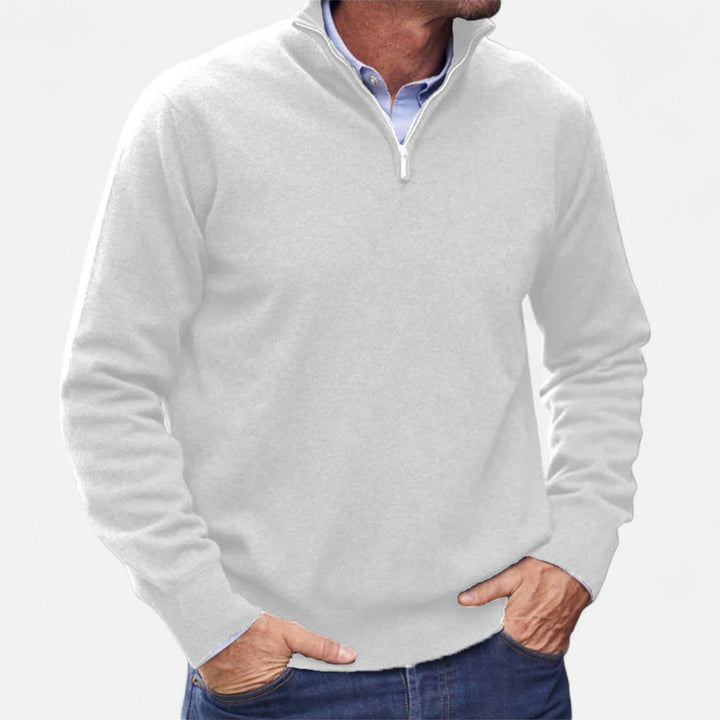 Detail of the zipper and knit texture on this smart casual men's sweater, perfect for everyday style.