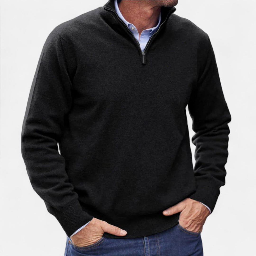 Men's elegant long sleeve zipper sweater in a neutral color, a key smart casual piece for any wardrobe.