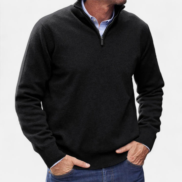 Men's elegant long sleeve zipper sweater in a neutral color, a key smart casual piece for any wardrobe.