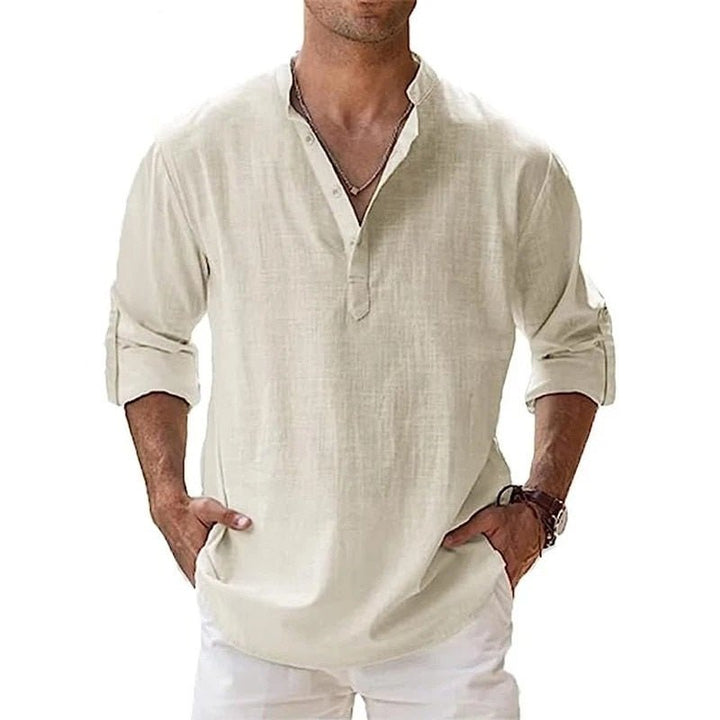 Smart-casual men's relaxed fit shirt, lightweight and breathable. Comfortable long sleeve button-down for summer.