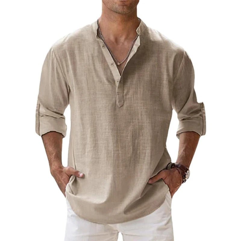 Long sleeve men's relaxed fit casual shirt, button-down design. Lightweight and breathable for summer comfort.