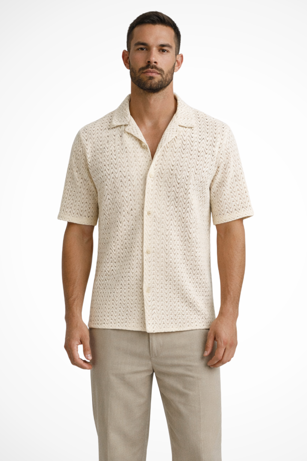 Men's relaxed fit chevron summer shirt with open collar, perfect for beach vacation style.
