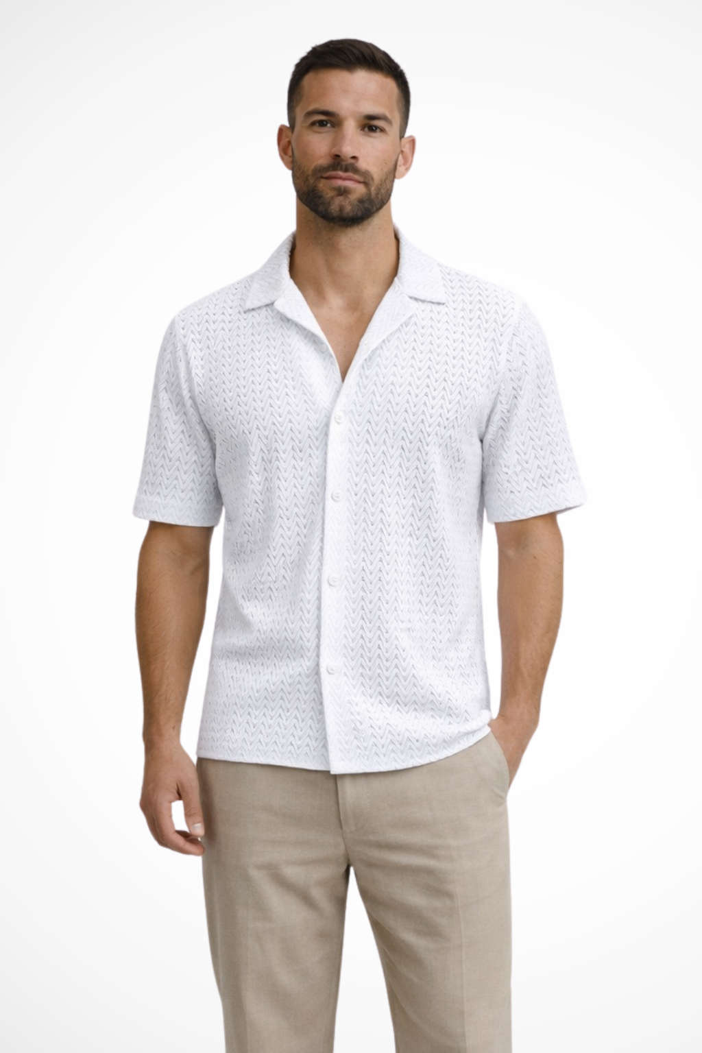 Stylish men's button-up short sleeve shirt for summer. Relaxed fit, open collar, and casual vacation style.