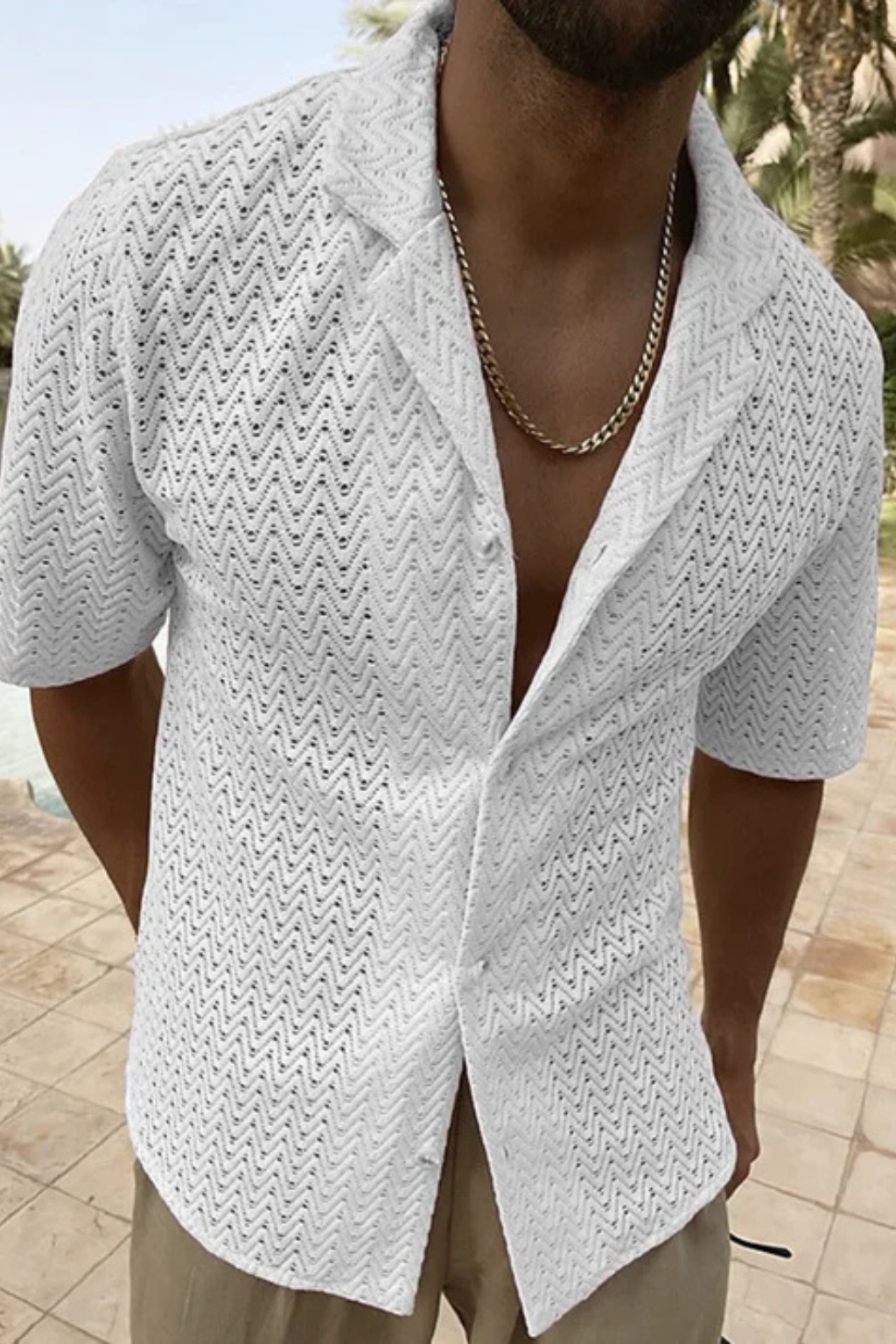 Comfortable men's relaxed fit summer shirt with a distinctive chevron texture and modern open collar.