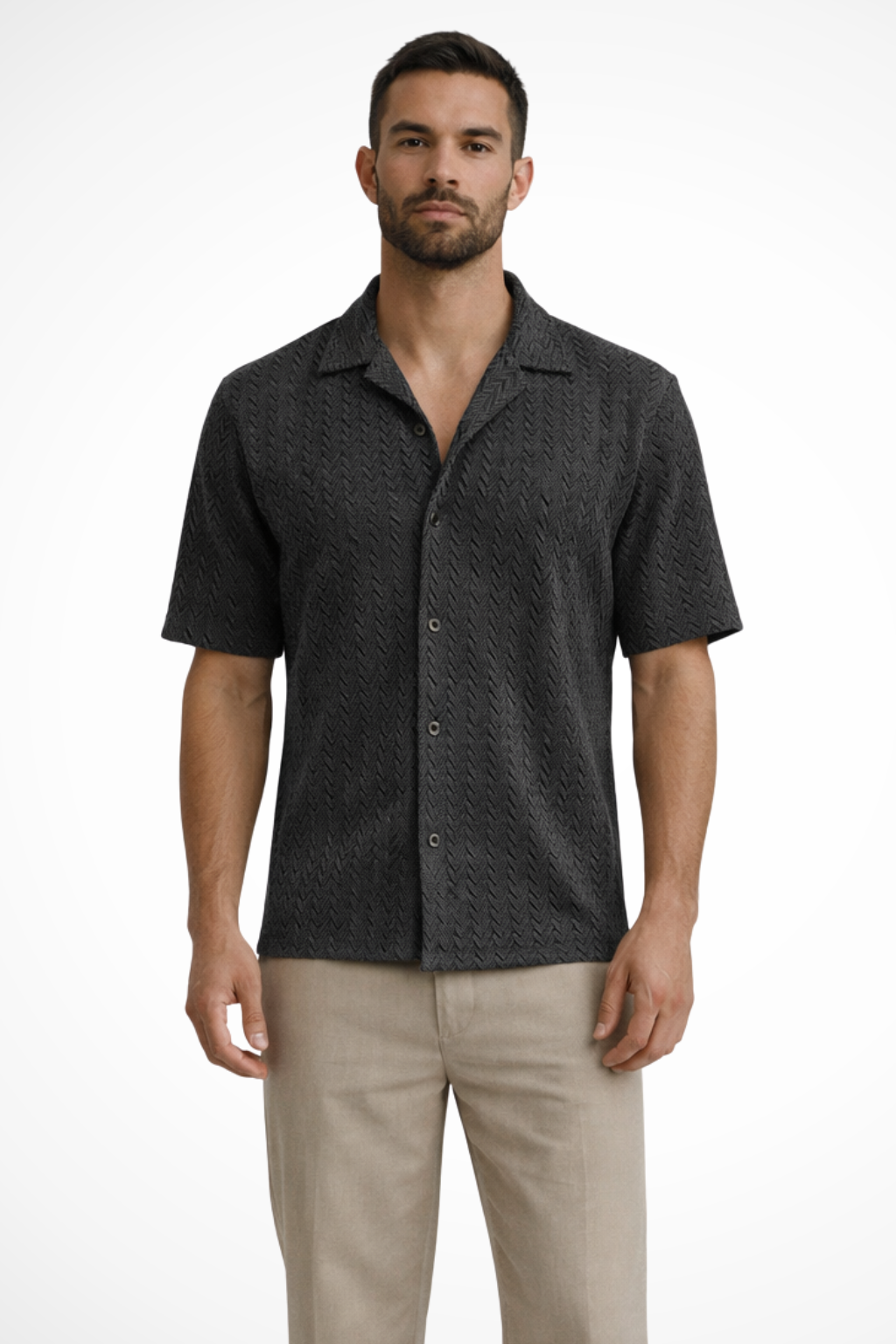 Men's short sleeve summer shirt with a fashionable chevron texture and a trendy open collar design.