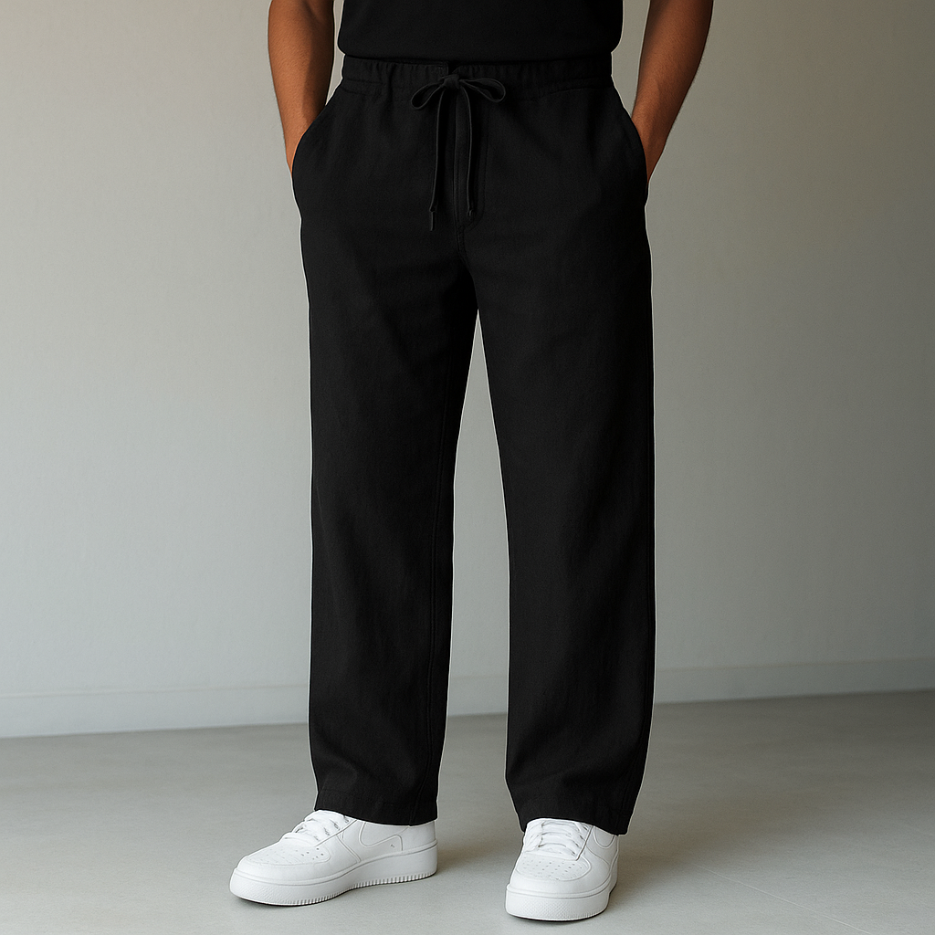 Lightweight men's linen trousers, ideal for smart casual looks or relaxed warm weather outfits.