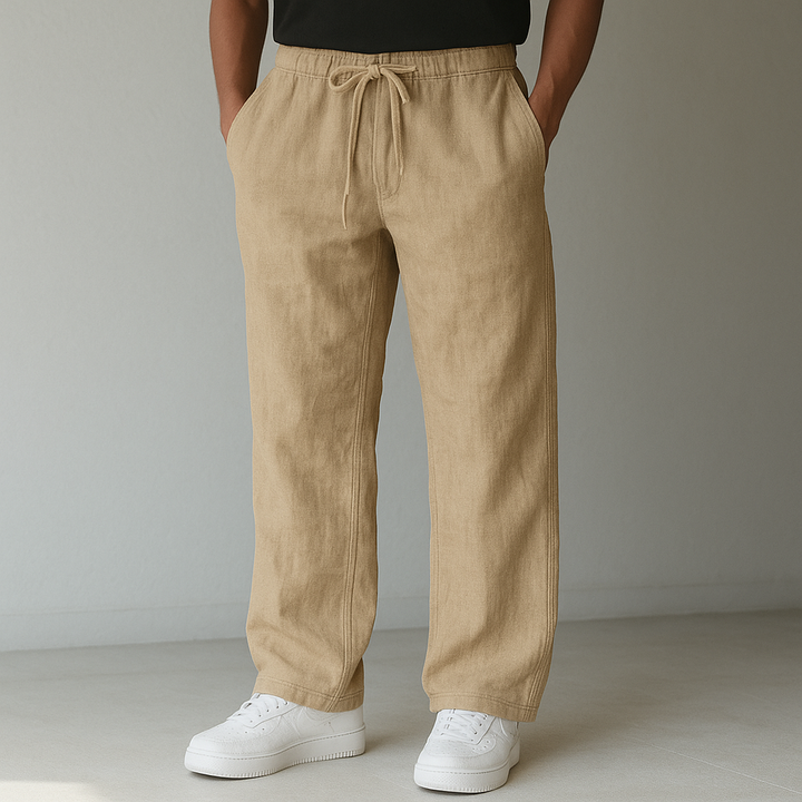 Comfortable men's linen drawstring pants, offering a relaxed fit for ultimate summer comfort.