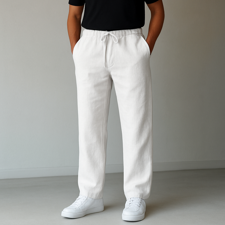 Versatile men's casual linen trousers with drawstring, great for beach, travel, or everyday wear.