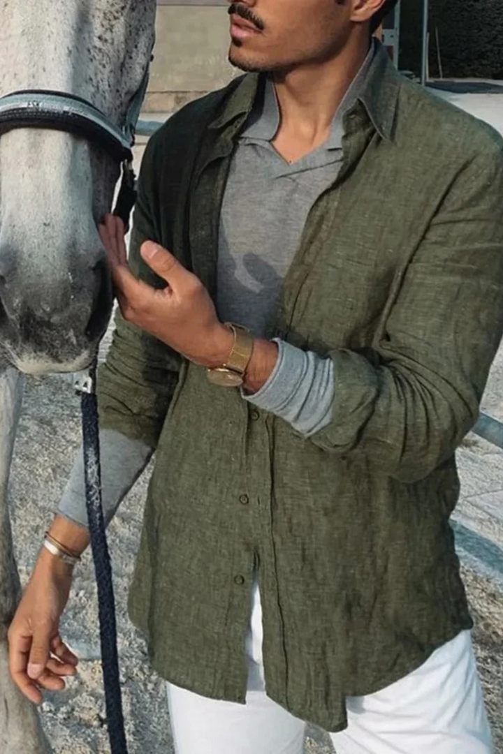 Breathable men's long sleeve button-down shirt with roll-up sleeves, relaxed fit for summer fashion.