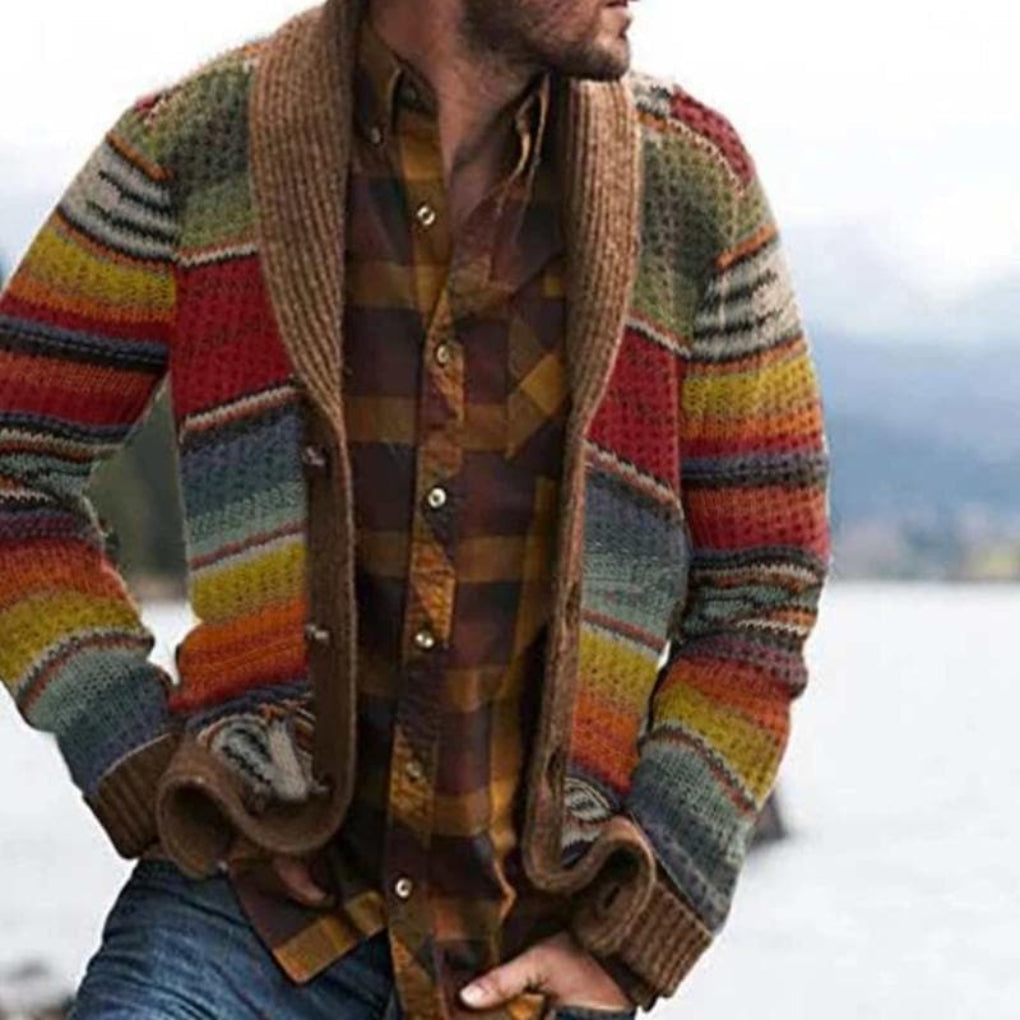 Men's relaxed fit striped cardigan sweater in colorful knit, perfect for cozy autumn layering.