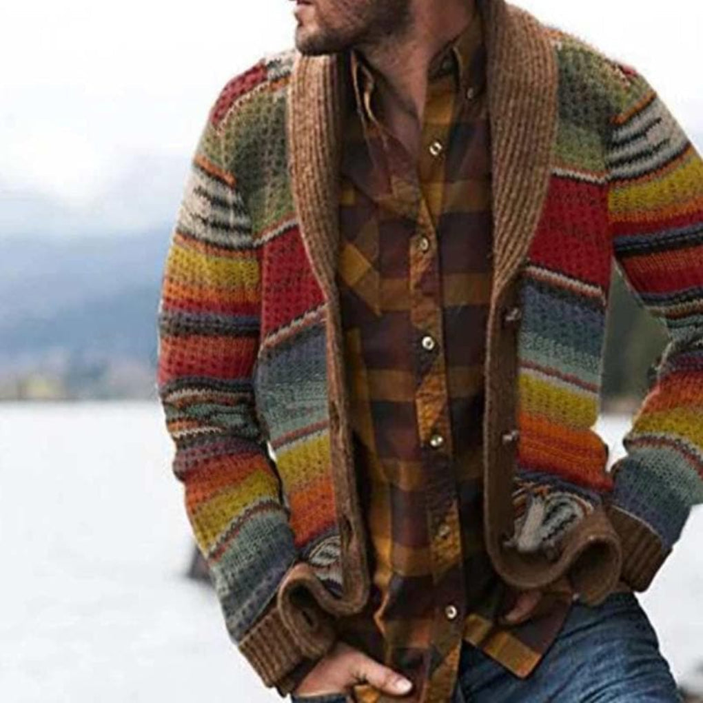 Stylish men's multicolor striped knit cardigan. Cozy, relaxed fit sweater ideal for casual autumn & winter wear.