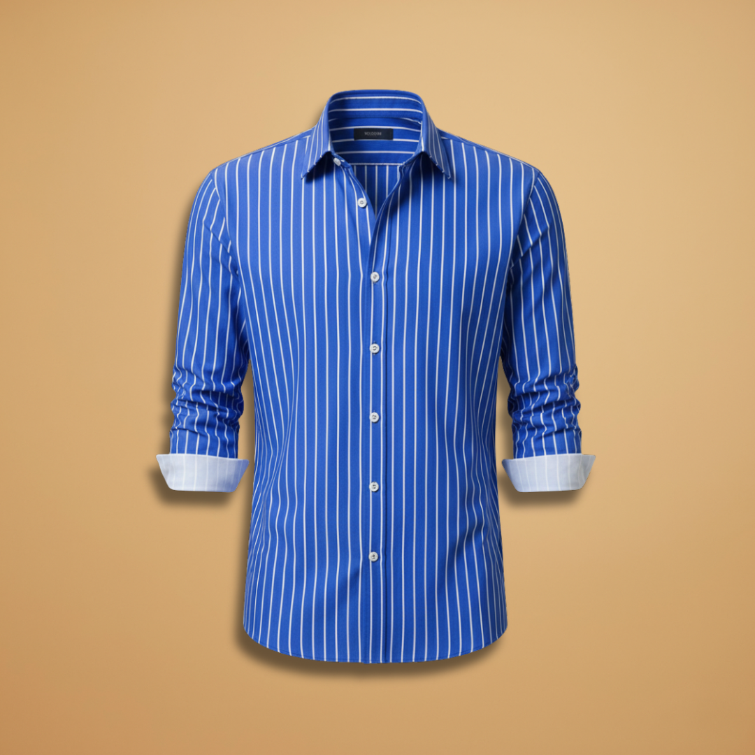 Men's relaxed fit striped shirt with a stylish notched collar, perfect for casual summer wear.