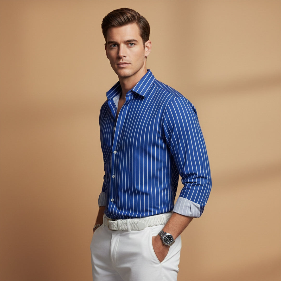 Modern men's fashion: casual striped long sleeve shirt, relaxed fit, notched collar, ideal for summer everyday wear.