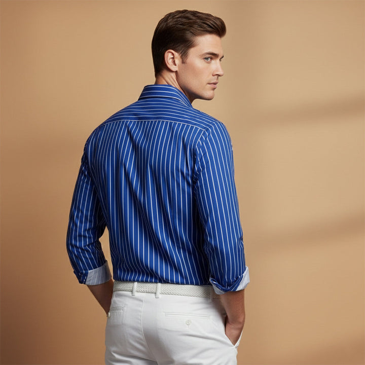 Versatile men's long sleeve striped shirt, relaxed fit, with a stylish notched collar, perfect for modern casual fashion.