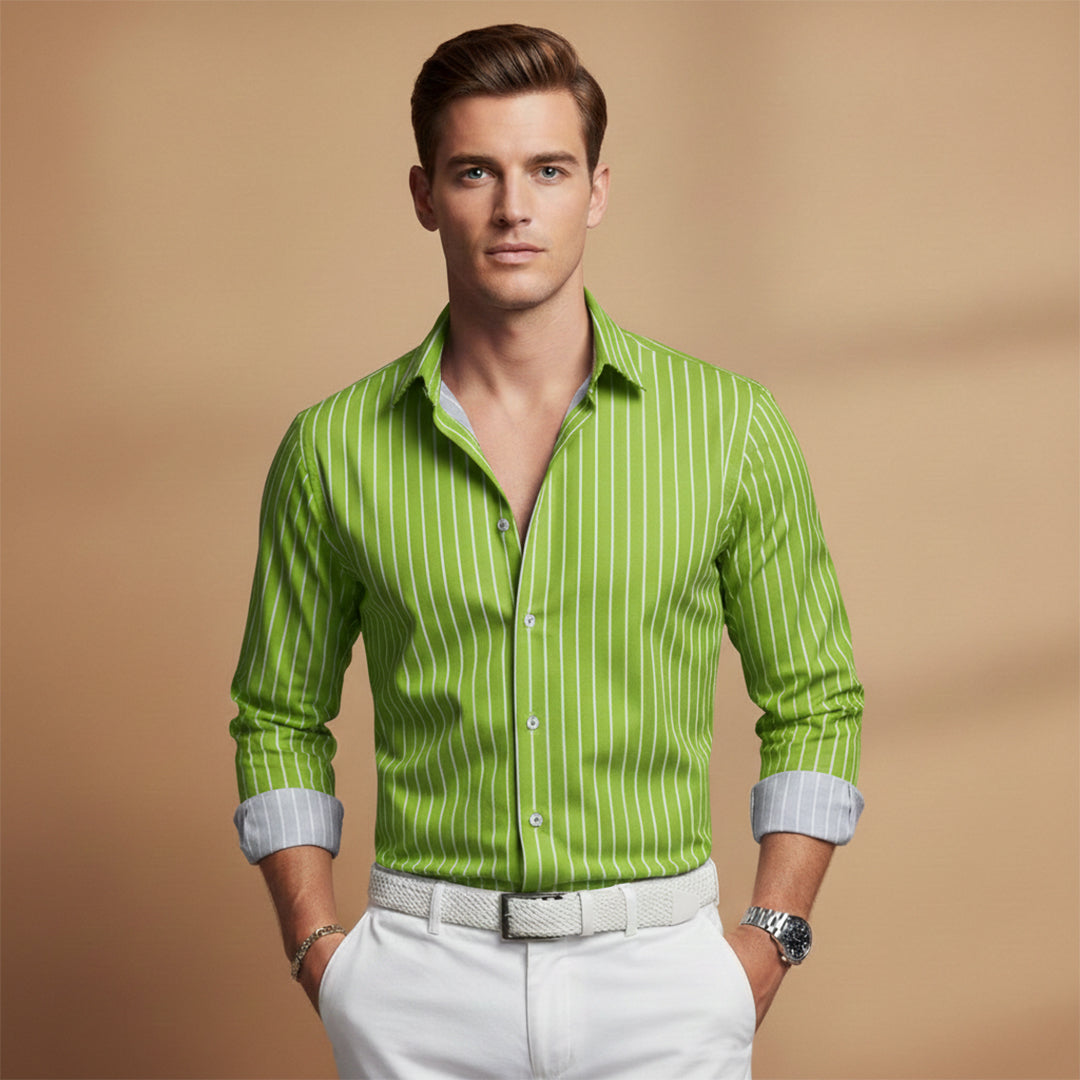 Relaxed fit men's striped shirt with a modern notched collar and long sleeves for casual, stylish summer fashion.