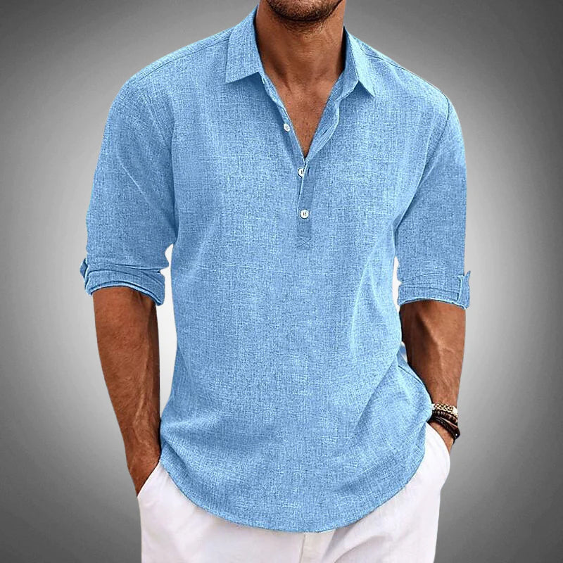 Men's relaxed fit summer shirt with half button placket & short roll tab sleeves for casual holiday wear.