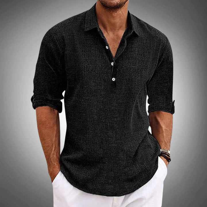 Versatile men's summer shirt with a relaxed fit, half placket, and roll-tab sleeves. Ideal for stylish casual wear.