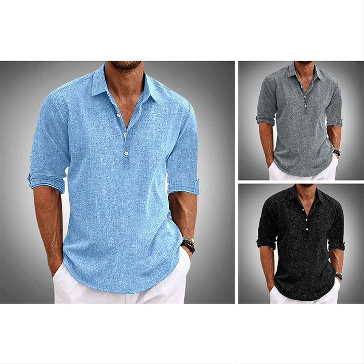Stylish men's button-up summer shirt, relaxed fit, half placket, and short sleeves. Great for holidays or everyday casual.