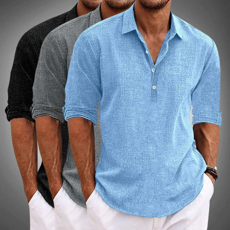 Lightweight men's summer shirt, relaxed fit, half button placket, short roll-tab sleeves. Comfortable casual top.