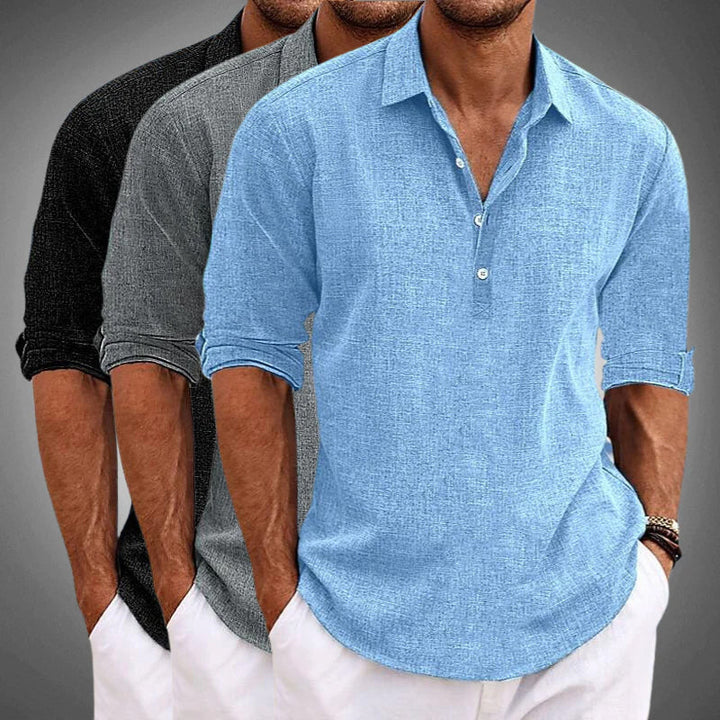 Lightweight men's summer shirt, relaxed fit, half button placket, short roll-tab sleeves. Comfortable casual top.