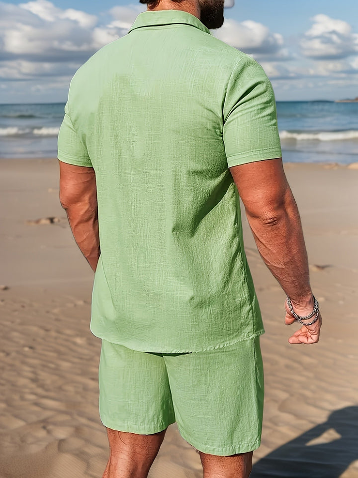 Men's linen-look summer outfit, a relaxed short-sleeve shirt & comfy shorts for warm days.