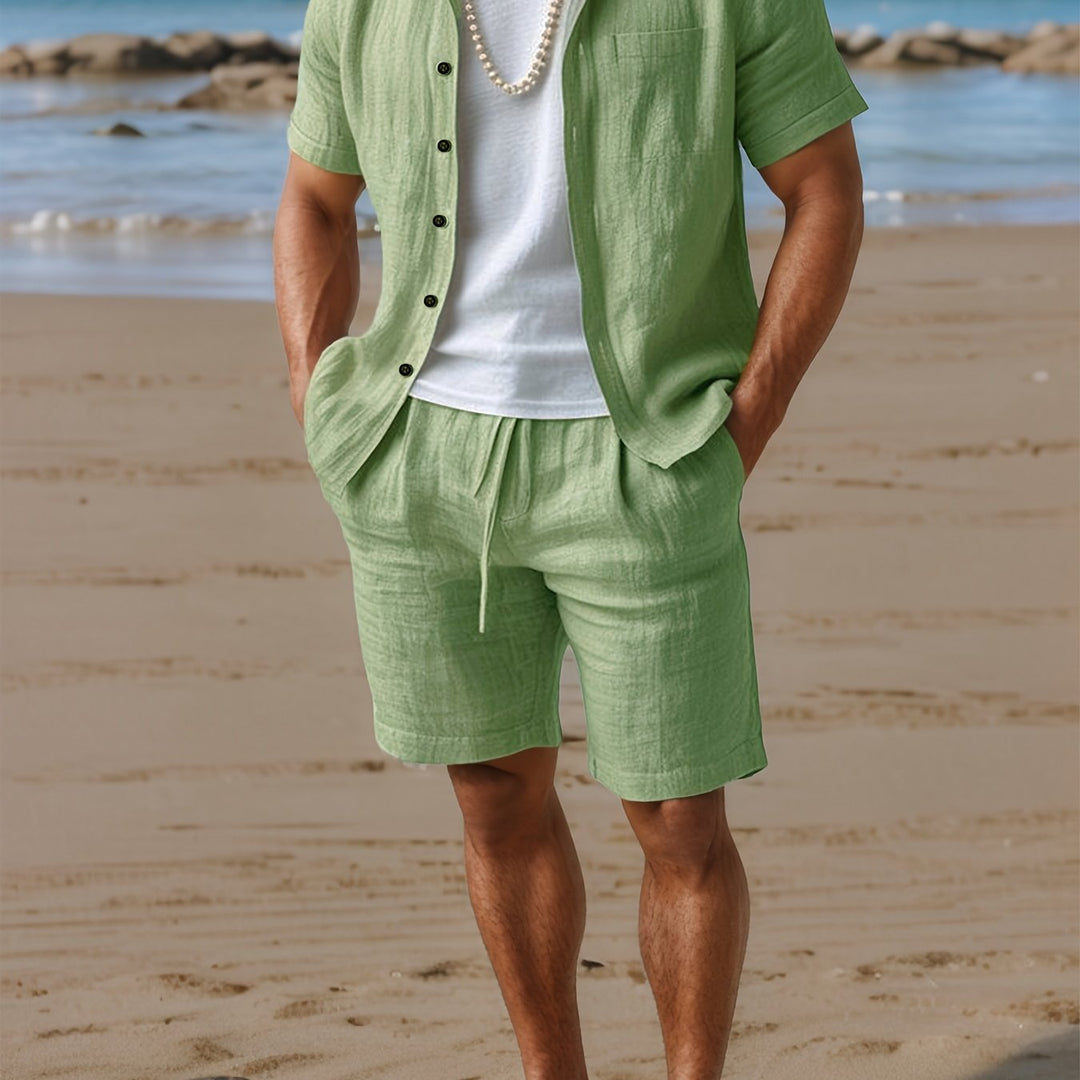 Men's comfortable linen-look summer shirt & shorts set, perfect for casual warm weather events.
