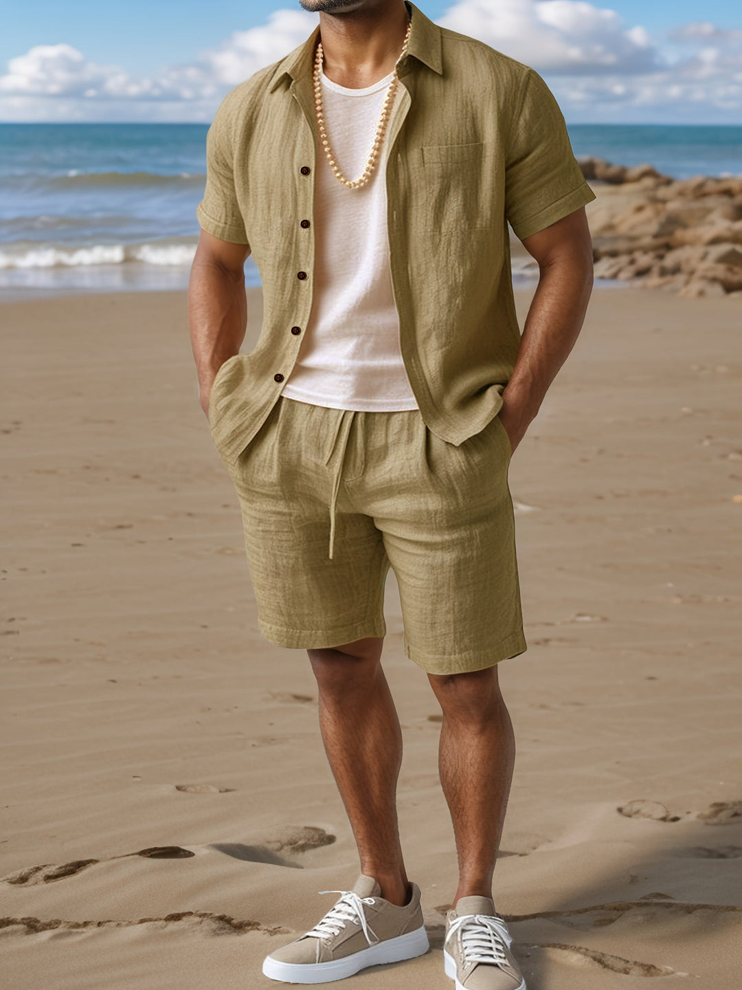 Casual men's two-piece linen-look outfit with shirt & shorts for warm weather & relaxed summer days.