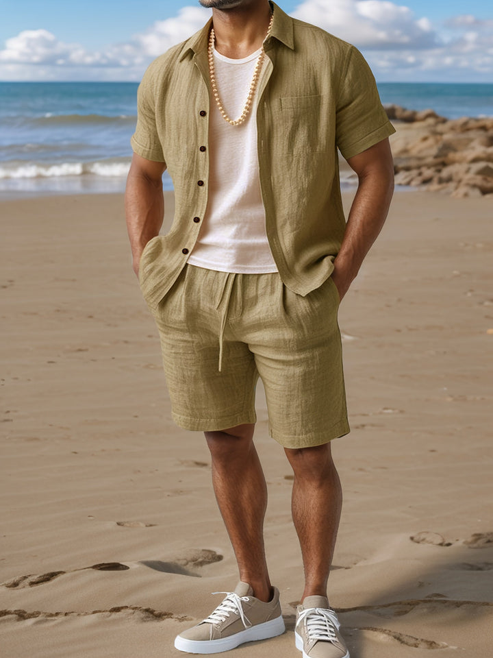 Casual men's two-piece linen-look outfit with shirt & shorts for warm weather & relaxed summer days.