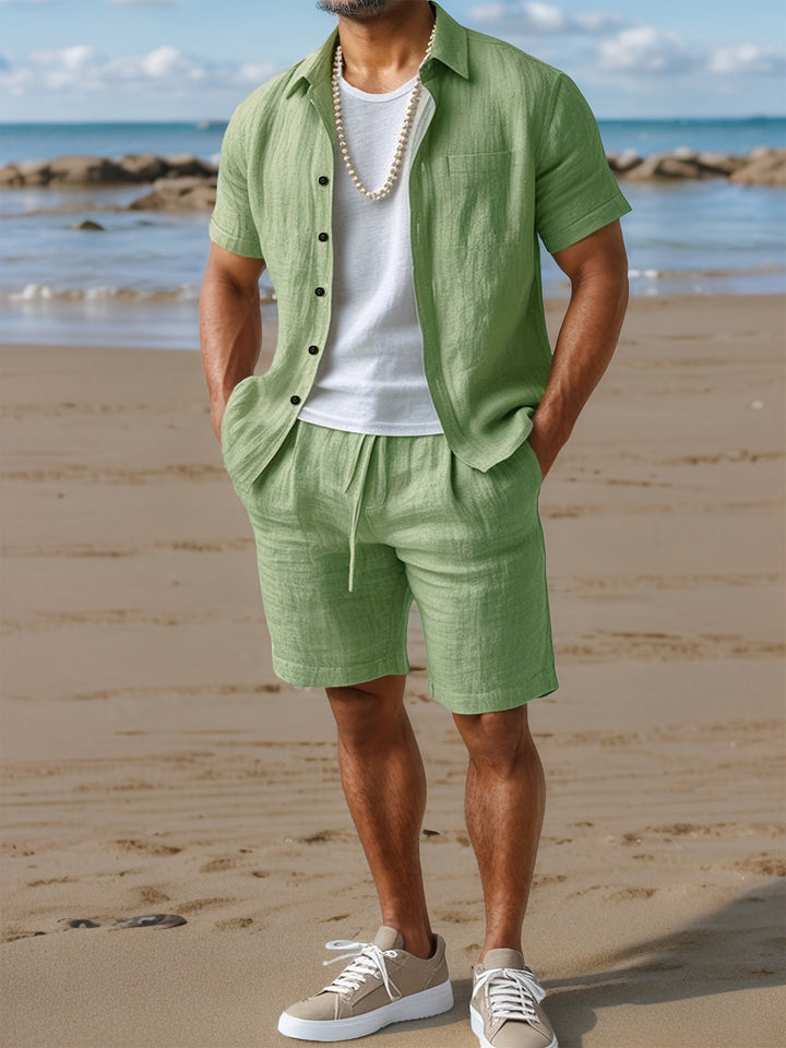Comfortable men's relaxed linen-look summer set, including a casual shirt & shorts for warm days.