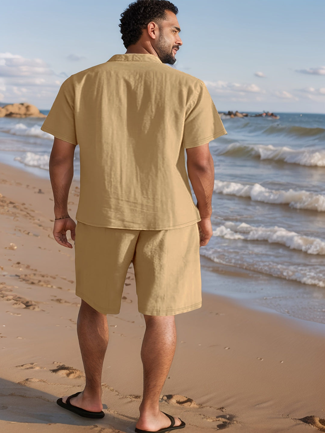 Relaxed fit men's linen-look summer set, featuring a comfortable short-sleeve shirt & shorts.