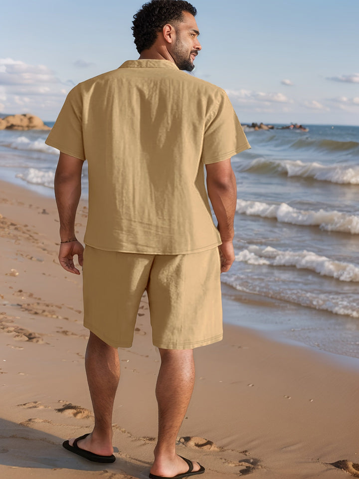 Relaxed fit men's linen-look summer set, featuring a comfortable short-sleeve shirt & shorts.