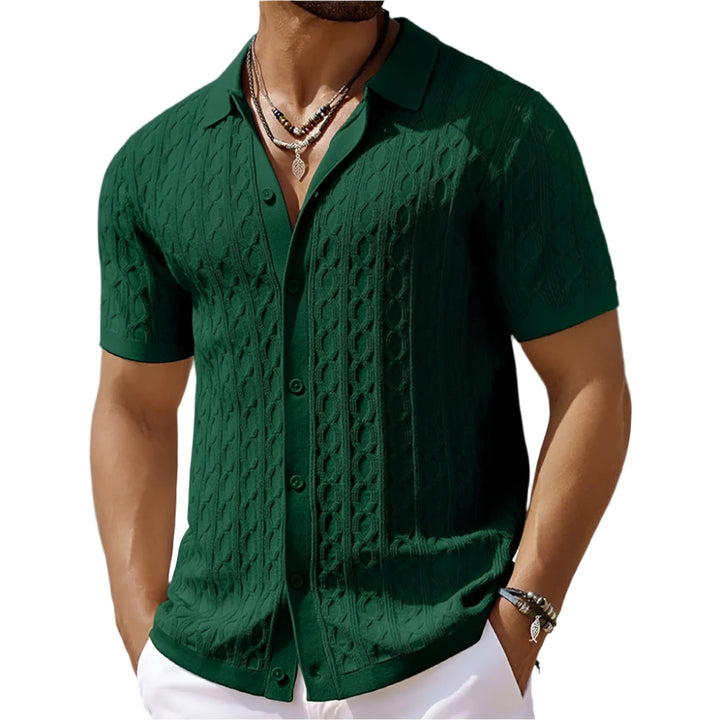 Men's retro jacquard knit polo shirt, short sleeve, button-down, perfect for casual wear.