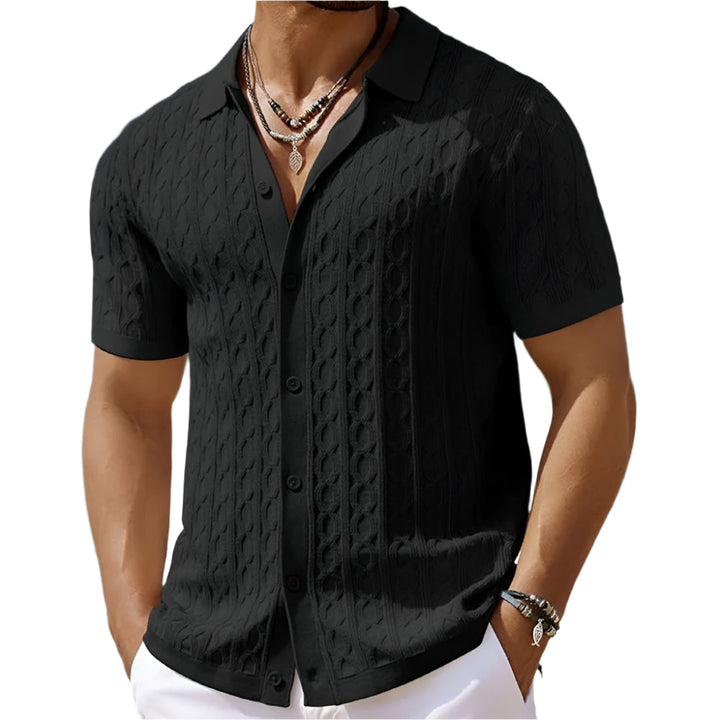Classic men's textured jacquard polo in retro style, short sleeve, versatile casual top.