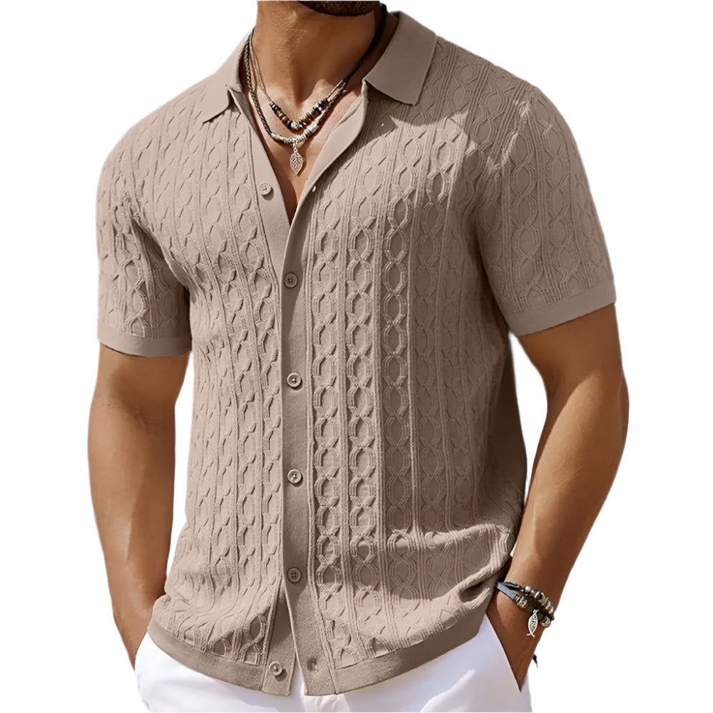 Stylish men's button-down polo shirt with unique retro jacquard knit pattern, short sleeve.