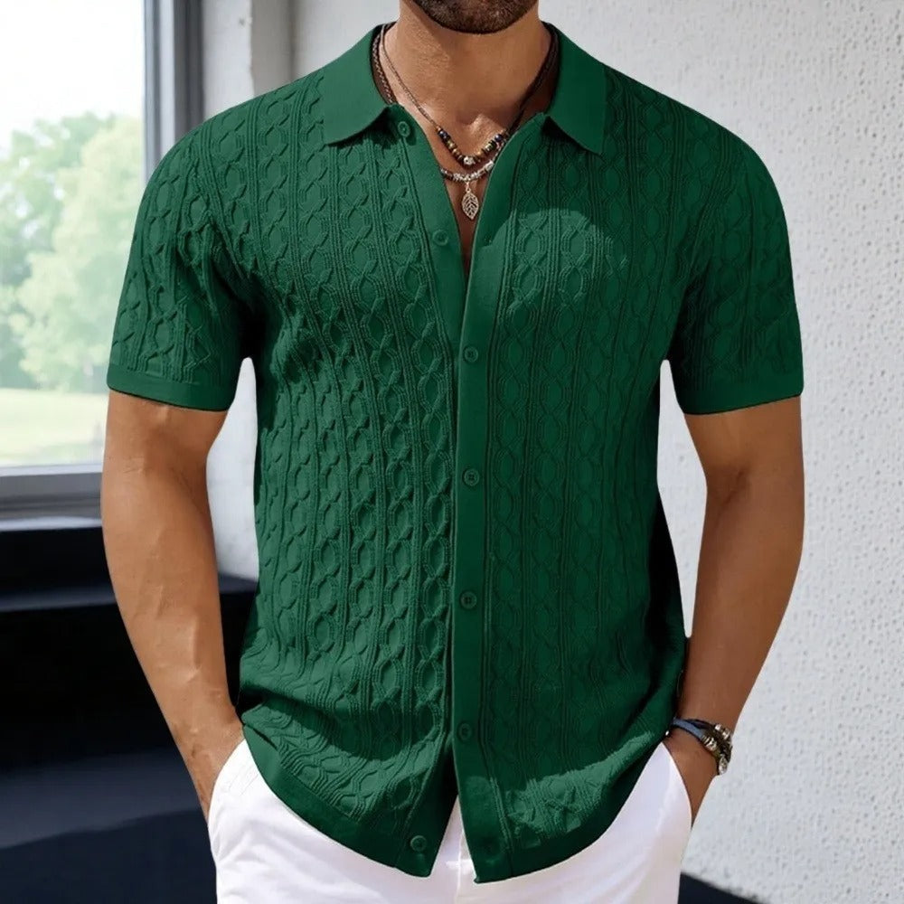 Versatile men's classic polo, retro jacquard knit design, button-down, comfortable short sleeve.