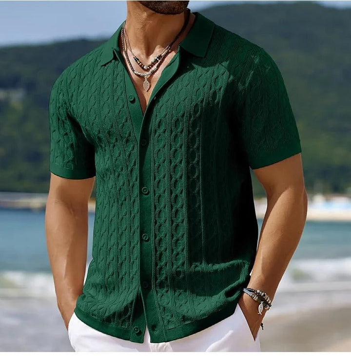 Men's short-sleeve jacquard knit polo, vintage-inspired texture, perfect for smart casual outfits.
