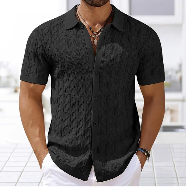 Textured retro jacquard polo shirt for men, short sleeve, button placket, classic casual style.