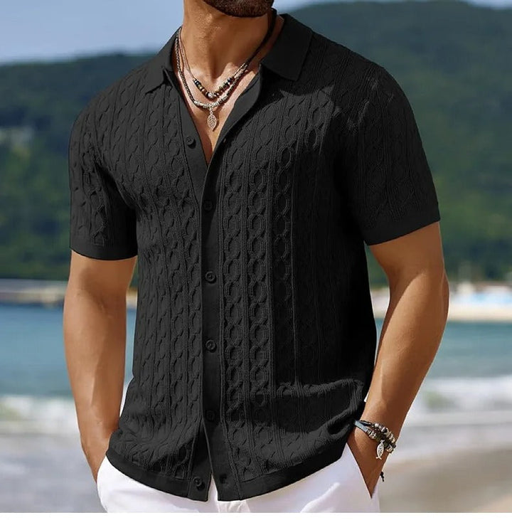 Men's casual retro knit polo, short sleeve, distinctive jacquard pattern, a classic versatile top.