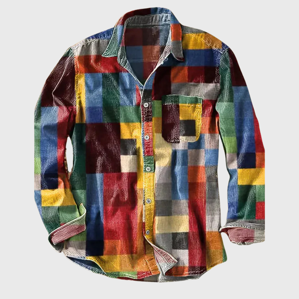 Men's retro rainbow print long sleeve vintage shirt, perfect for a colorful casual statement look.